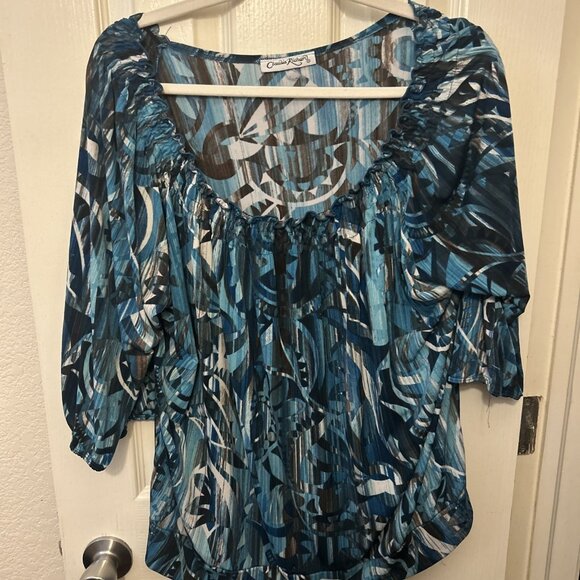 CLAUDIA RICHARD Teal Pullover Scoop Neck Blouse Stretch Pleated Teals Plus Sz 2X - Picture 1 of 9